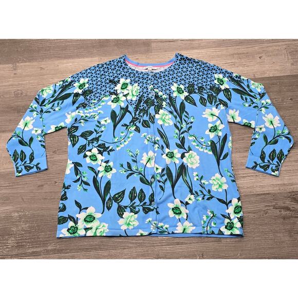 Isaac Mizrahi Live! Blue Floral Print Crew Neck Button Front Cardigan - Picture 7 of 7